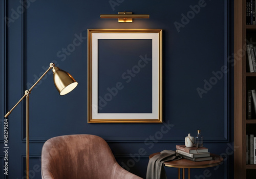 Elegant Interior with Empty Gold Frame on Navy Blue Wall & Lamps