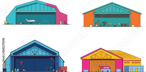 Collection of Stylized Aircraft Hangars and Vehicle Repair Shops Illustrations