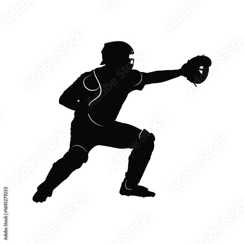 Baseball catcher silhouette ready to catch ball sports action athletic player game equipment isolated vector