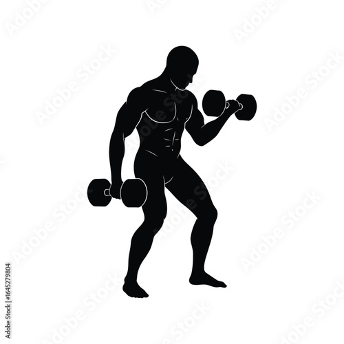 Muscular man silhouette lifting dumbbells fitness workout strength training gym exercise bodybuilder pose