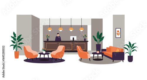 Stylized hotel lobby featuring a front desk and seating area with plants