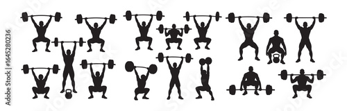 Weightlifters performing various lifts silhouette