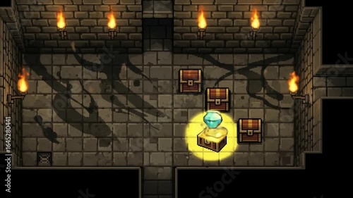Pixel Dungeon: Chests, Gems, and Gold Reveal in Torchlit Stone Chamber