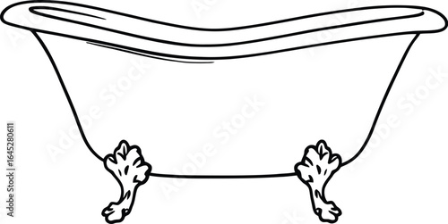 Black-and-White Line Drawing of Clawfoot Bathtub with Ornate Feet—Classic Bathroom Fixture Illustration for Home Decor Printables, Plumbing Educational Materials, and Vintage-Themed Design Assets