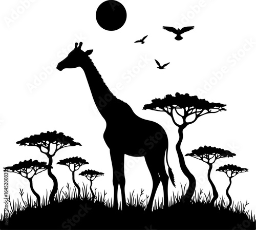 "Giraffe Silhouette in African Savannah Scene"