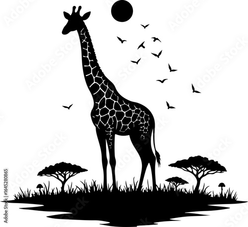 "Giraffe Silhouette in African Savannah Scene"