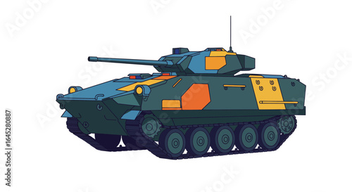 Stylized vector illustration showcasing an armored personnel carrier on white backdrop