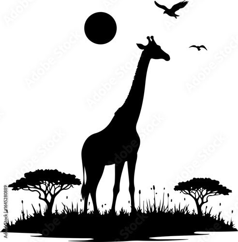"Giraffe Silhouette in African Savannah Scene"