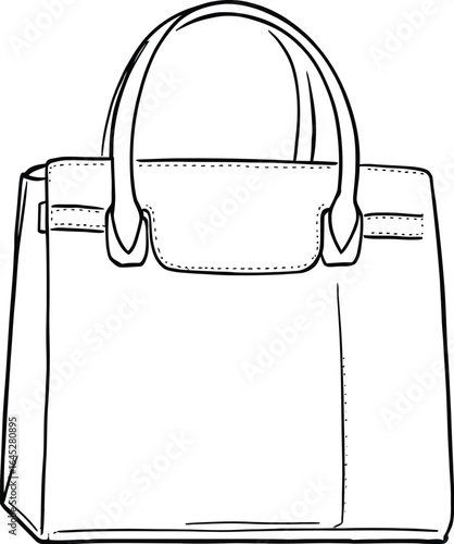 Black-and-White Line Drawing of Structured Handbag with Dual Handles, Flap Closure, and Visible Stitching—Minimalist Fashion Illustration for Accessory Branding, Style-Themed Printables, and Boutique 