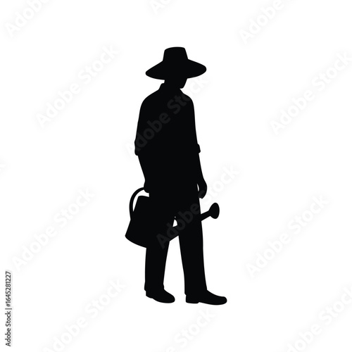 Silhouette farmer with watering can and shovel agricultural worker rural lifestyle
