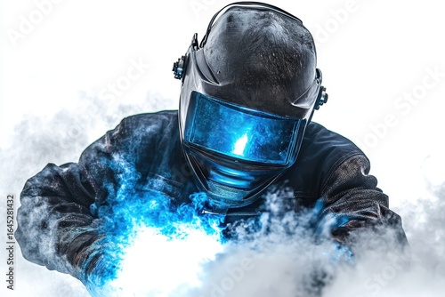 Skilled Welder Using Blue Flame Creating Spark and Smoke Effect