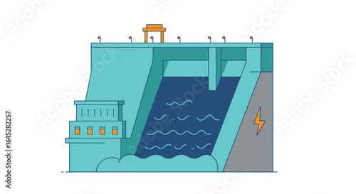 Stylized flat vector illustration of a vibrant hydroelectric dam generating clean energy