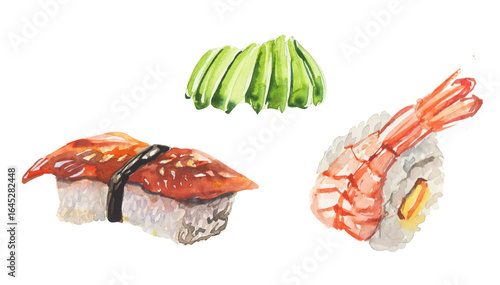 Watercolor art for asian restaurant menu. Japanese traditional food nigiri with eel, shrimp and wasabi