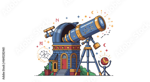 Charming Vector Illustration: Whimsical Observatory with Telescope and Celestial Motifs