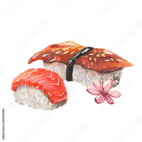 Watercolor hand-drawn illustration of traditional japanese dish. Asian food - Nigirizushi with fresh salmon,  and eel