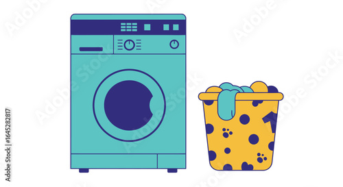 Stylized flat vector illustration of a laundry room with washing machine