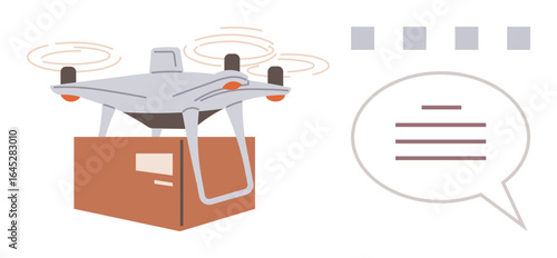 Copter carrying a package mid-air with spinning rotors, next to a speech bubble and interface elements. Ideal for delivery, logistics, innovation, automation, technology, e-commerce, simple flat
