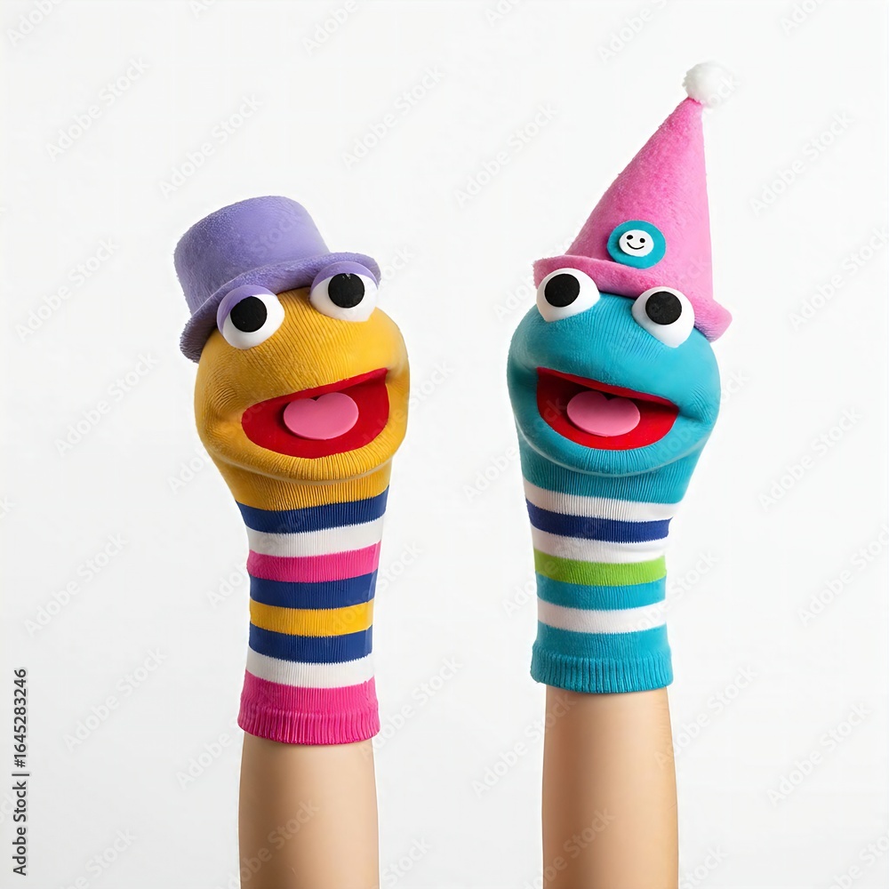 Fototapeta premium Two adorable sock puppets, one purple and one blue, both with party hats, on a plain white background.