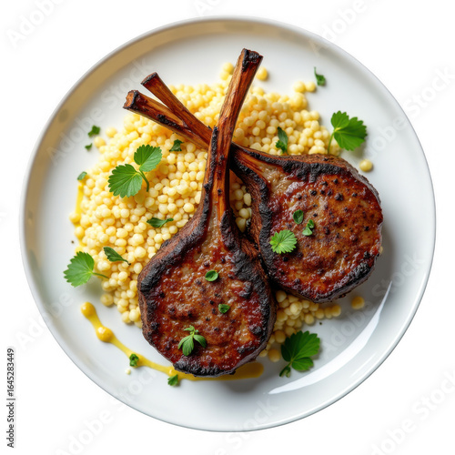 Delicious grilled lamb chops with couscous and fresh herbs plated on a white plate transparent background