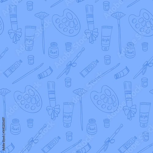 Seamless pattern with hand drawn art supplies including paint tubes, brushes, palettes, and jars on a blue background. Represents creativity, art class, and painting hobby
