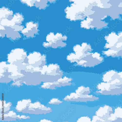 Cartoon blue sky with soft fluffy white clouds. Seamless vector pattern illustration for a bright and cheerful anime or video game background.