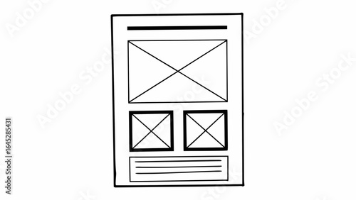 A wireframe layout of a webpage with a header, main image, two smaller images and text area at the bottom