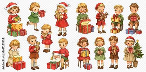 A charming collection of vintage illustrations depicting children in festive attire celebrating Christmas, holding gifts and toys.
