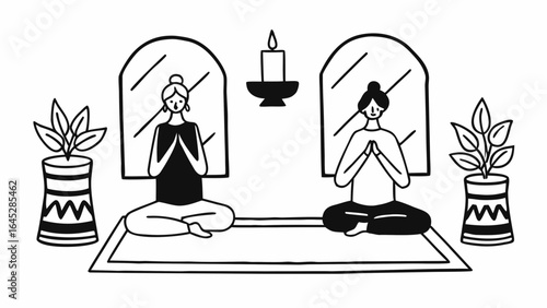 Two women meditating in lotus position with candle and plants in a black and white illustration