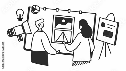 Two people discussing presentation with charts and graphics on a whiteboard and easel stand