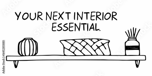 Shelf with decorative items including a vase, woven basket, and reed diffuser illustration