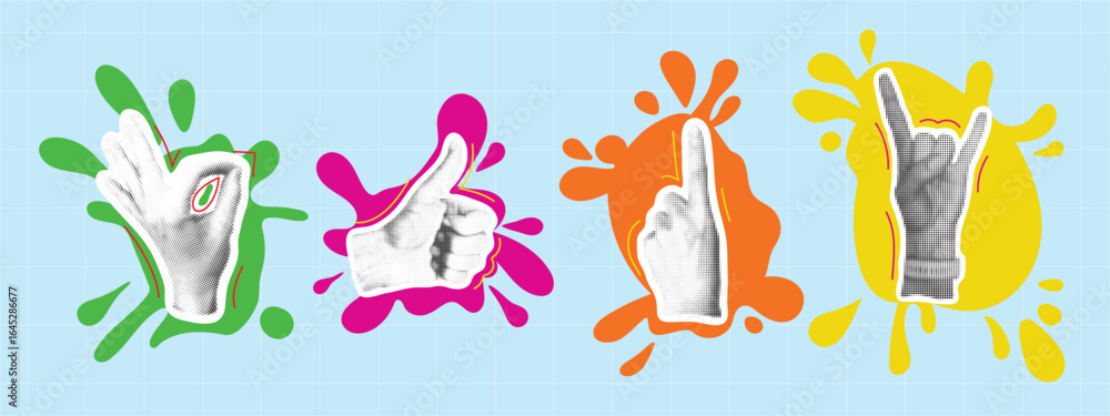 Fototapeta premium Set of female hand signs for social media and communication Halftone style hand gestures on bright paint blots. . Modern collage with trendy human hand signs. Vector graphics
