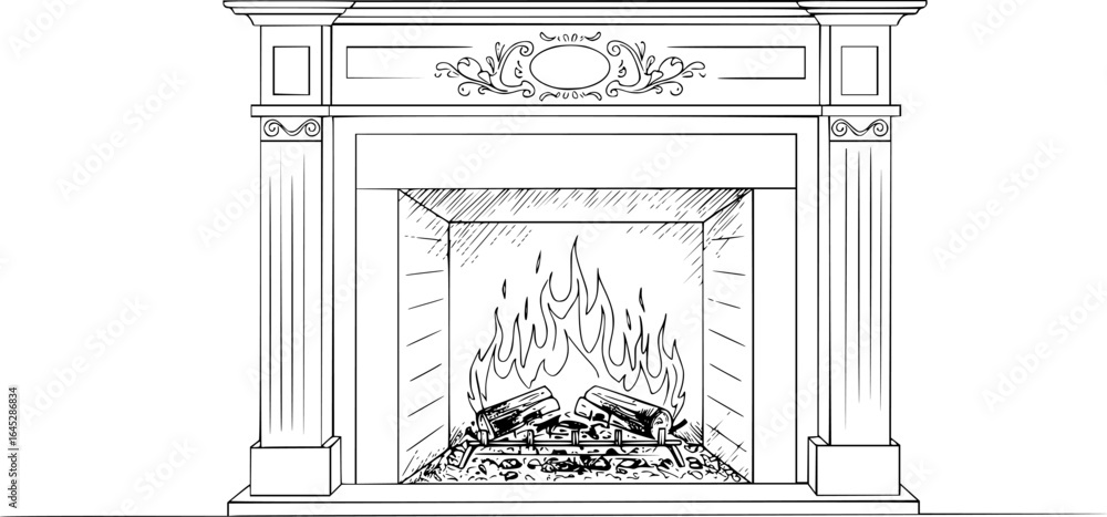 Fototapeta premium a line drawing of a fireplace with flames, minimalist, monochrome, sketch, simple, clear lines, no shading, classic style, elegant, detailed, fireplace mantel, cozy, inviting, warm lighting effect