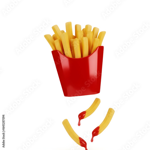 Cartoon french fries with ketchup in a red container, ideal for a fast food promo or children's menu