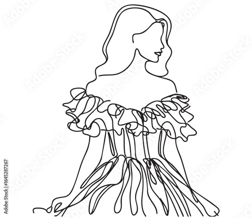Fashion Girls in pompous dress with ruffles illustration. Fashion line sketch. Black and white