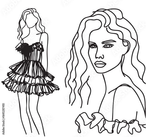 Fashion models silhouette portrait. Sketch. Woman in dress with ruffles. Doodles