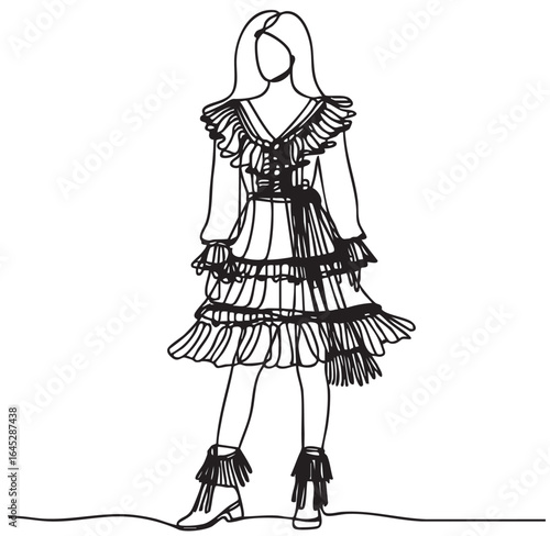 Fashion girl teenager. Sketch. Woman in dress with ruffles. Doodles