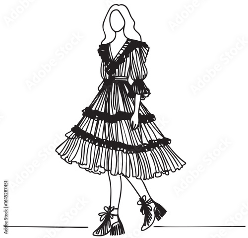 Fashion child. Sketch. Girl in dress with ruffles. Doodles