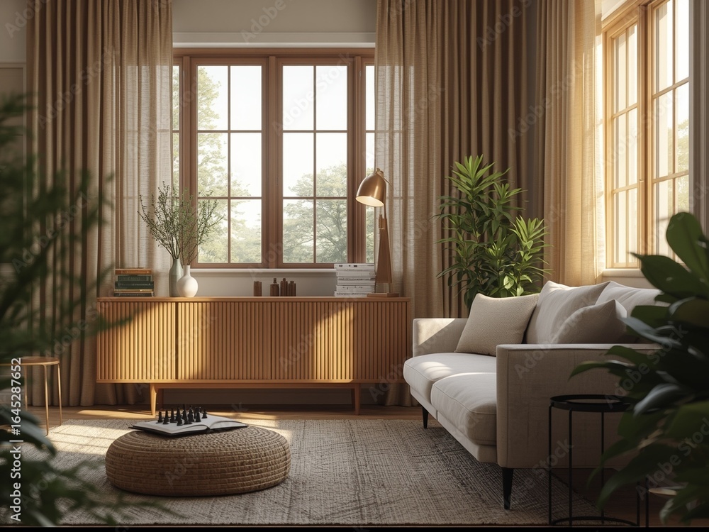 Fototapeta premium Modern Living Room Interior Design: Neutral Tones, Natural Light, and Wooden Accents