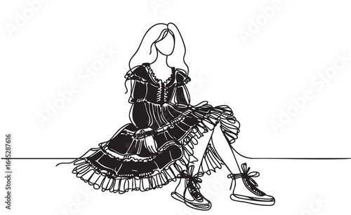 Fashion Sketch. Girl in dress with ruffles. Doodles