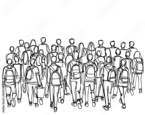 crowd go to school. Schoolchildren go to school. Sketch. Doodle style