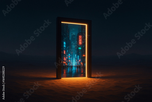 Mysterious Neon Doorway in Surreal Desert Landscape Inviting Viewers to Envision a Futuristic Urban Scene at Night with Vibrant Lights and Shadows