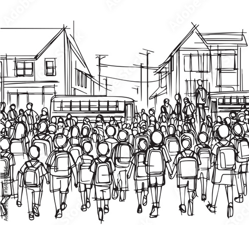 crowd go to school. Schoolchildren go to school. Sketch. Doodle style