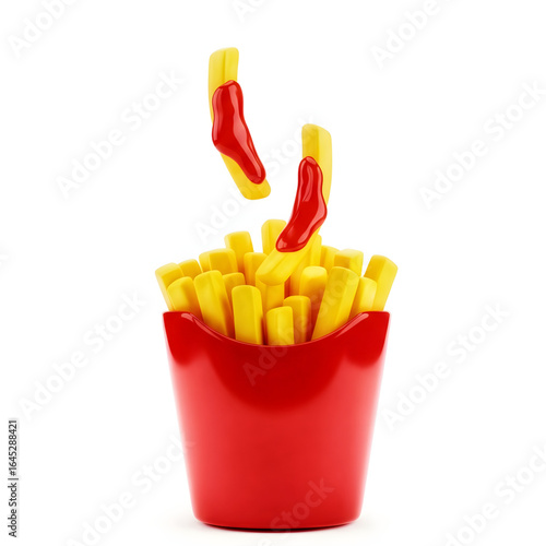 Craving tasty fries? Delicious french fries with ketchup in a red container, ready for your fast food promotions