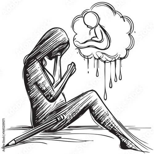 crisis pregnancy sketch. Pregnant woman outline in depression. Unhappy pregnancy, maternity assistance