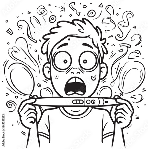 Pregnancy test couple unplanned. Man is shocked by the pregnancy test. Sketch, abstract, surprise