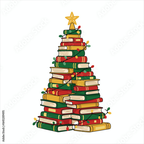 Christmas Tree Made of Stacked Books with Lights and Star