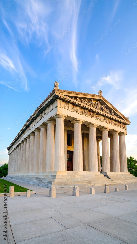 Obraz premium Classic temple-like building, serene golden light, clear sky