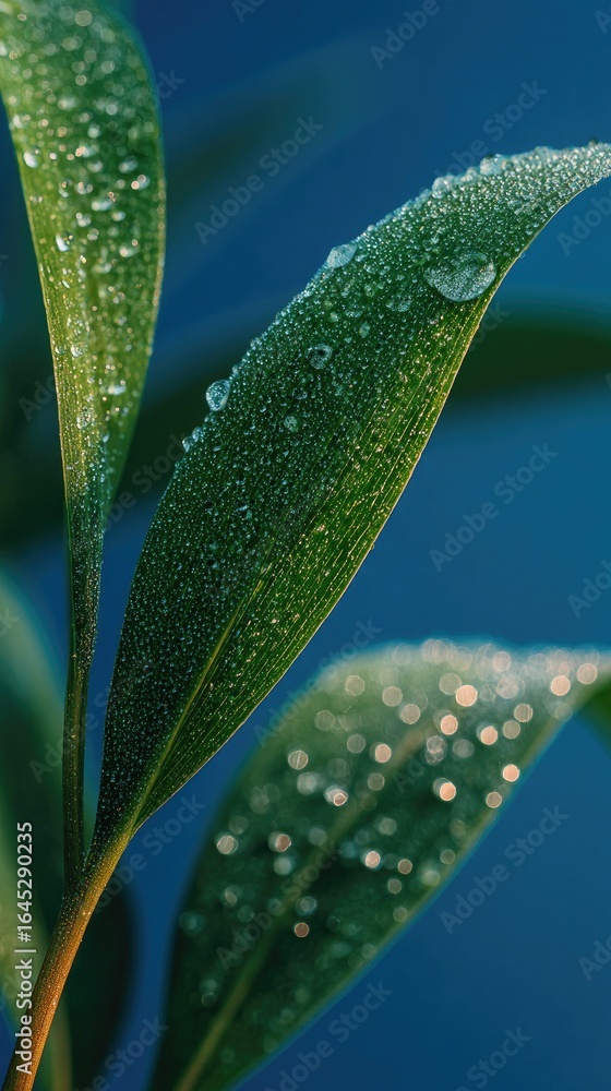 Fototapeta premium Close-up of dewy green leaves against a deep blue backdrop