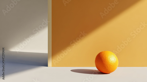 photorealistic ultraminimalist design featuring single bright orange fruit against clean colorful background