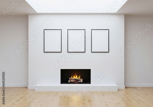 Clean Modern Interior with Fireplace and Blank Wall Frames